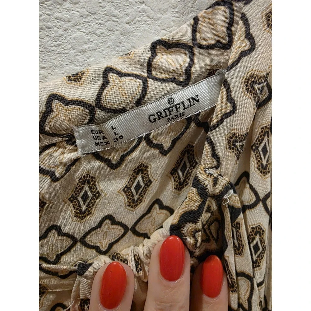 Grifflin Paris‎ Womens Boho Geometric Print Sleeveless Tunic Top Tan Cream Large